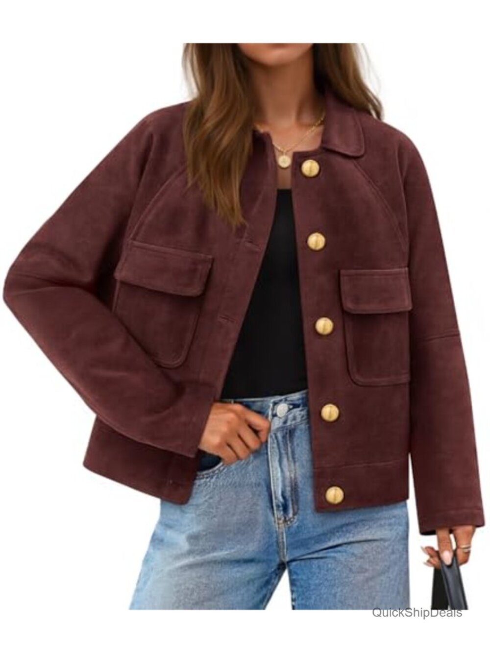 Faux Suede Button Down Crop Jacket Long Sleeve Casual Coat
